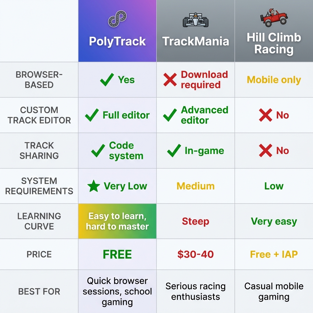 PolyTrack vs TrackMania vs Hill Climb Racing Comparison