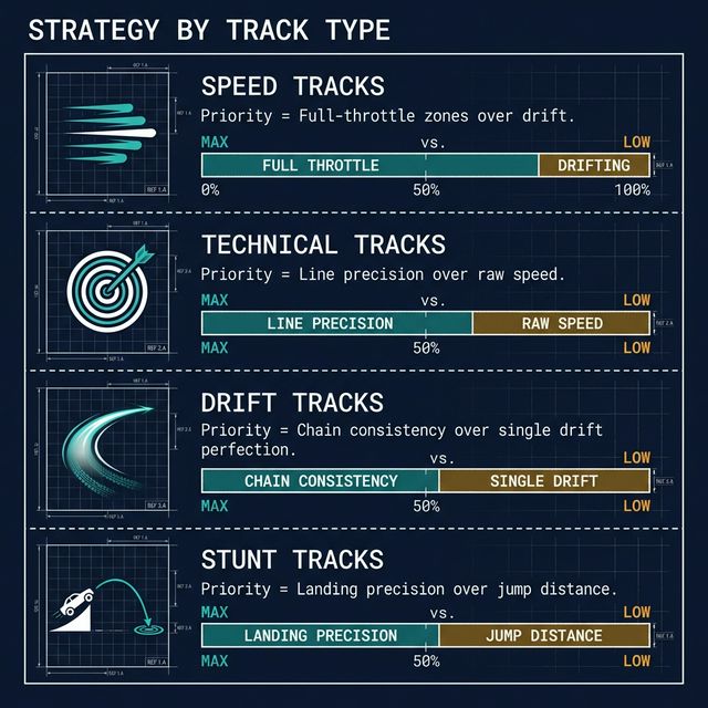 Strategy by Track Type - Speed, Technical, Drift, Stunt